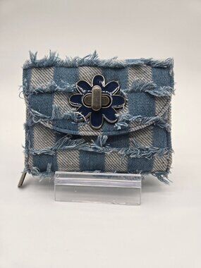 Frayed Denim Wallet With Blue Flower Clasp & Multiple Card Slots Compact & Styli